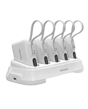 Moxedo 5x 10,000mAh Power Bank Combo in White with charging dock, 20W PD fast charging, and built-in Type-C cable – available in Qatar. Moxedo 5x 10,000mAh Power Bank Combo in White with charging dock, 20W PD fast charging, and built-in Type-C cable – available in Qatar.